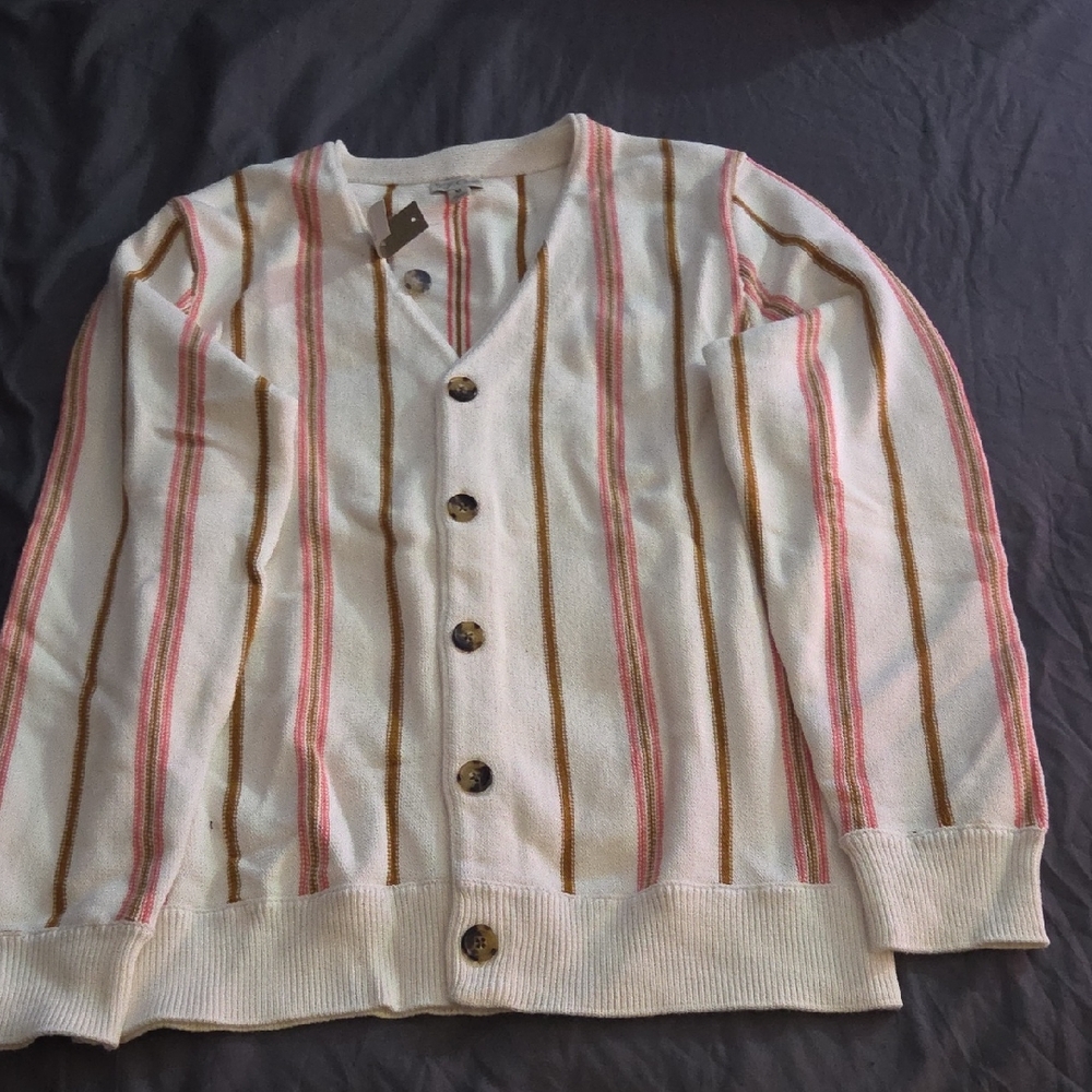 J. Crew White Cardigan with Pink and Brown Stripes